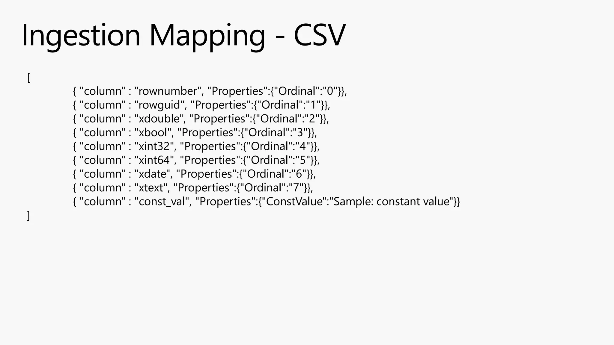 [
{ "column" : "rownumber", "Properties":{"Ordinal":"0"}},
{ "column" : "rowguid", "Properties":{"Ordinal":"1"}},
{ "column" : "xdouble", "Properties":{"Ordinal":"2"}},
{ "column" : "xbool", "Properties":{"Ordinal":"3"}},
{ "column" : "xint32", "Properties":{"Ordinal":"4"}},
{ "column" : "xint64", "Properties":{"Ordinal":"5"}},
{ "column" : "xdate", "Properties":{"Ordinal":"6"}},
{ "column" : "xtext", "Properties":{"Ordinal":"7"}},
{ "column" : "const_val", "Properties":{"ConstValue":"Sample: constant value"}}
]
 