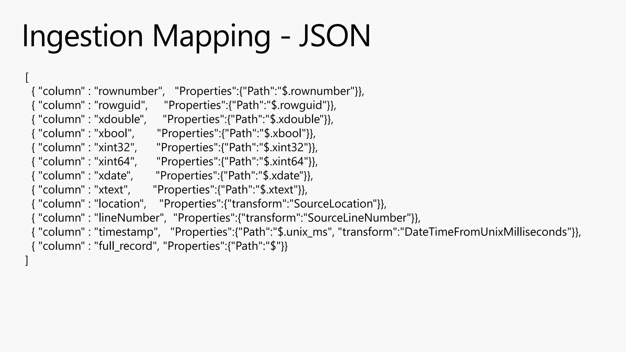 [
{ "column" : "rownumber", "Properties":{"Path":"$.rownumber"}},
{ "column" : "rowguid", "Properties":{"Path":"$.rowguid"}},
{ "column" : "xdouble", "Properties":{"Path":"$.xdouble"}},
{ "column" : "xbool", "Properties":{"Path":"$.xbool"}},
{ "column" : "xint32", "Properties":{"Path":"$.xint32"}},
{ "column" : "xint64", "Properties":{"Path":"$.xint64"}},
{ "column" : "xdate", "Properties":{"Path":"$.xdate"}},
{ "column" : "xtext", "Properties":{"Path":"$.xtext"}},
{ "column" : "location", "Properties":{"transform":"SourceLocation"}},
{ "column" : "lineNumber", "Properties":{"transform":"SourceLineNumber"}},
{ "column" : "timestamp", "Properties":{"Path":"$.unix_ms", "transform":"DateTimeFromUnixMilliseconds"}},
{ "column" : "full_record", "Properties":{"Path":"$"}}
]
 