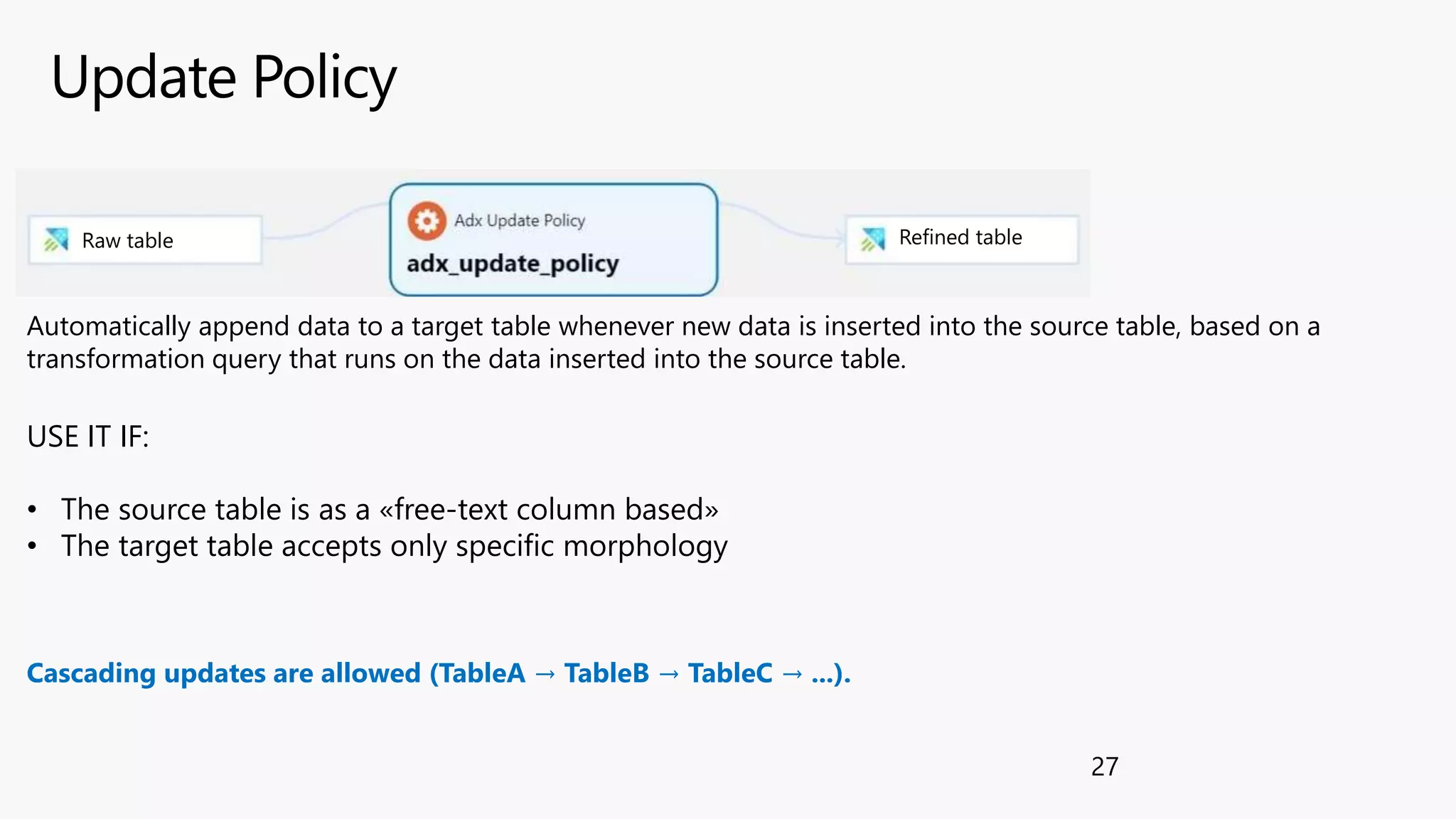 Update Policy
27
Automatically append data to a target table whenever new data is inserted into the source table, based on a
transformation query that runs on the data inserted into the source table.
USE IT IF:
• The source table is as a «free-text column based»
• The target table accepts only specific morphology
Cascading updates are allowed (TableA → TableB → TableC → ...).
Raw table Refined table
 