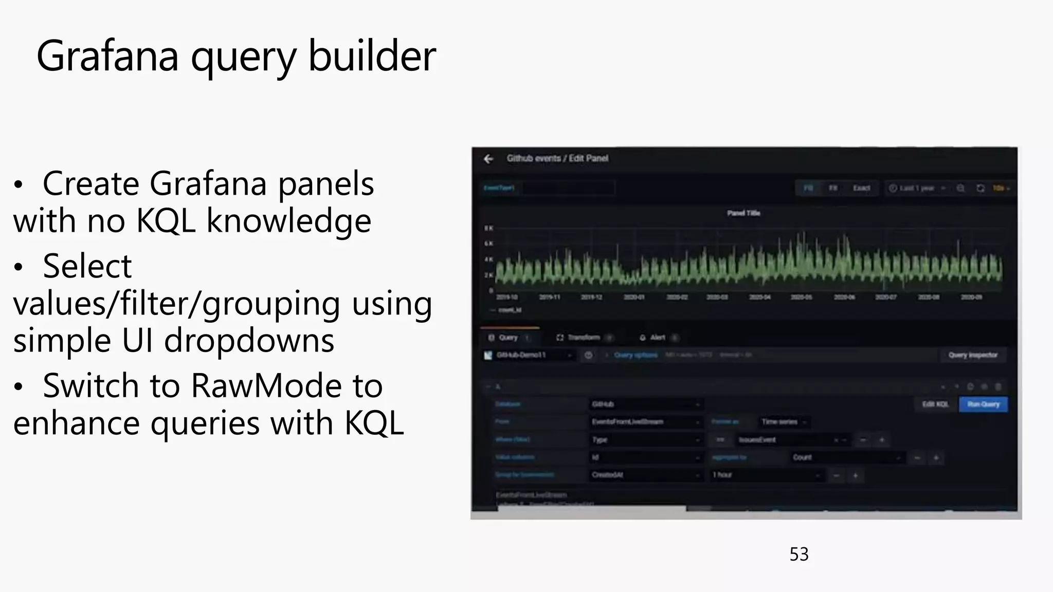 Grafana query builder
53
• Create Grafana panels
with no KQL knowledge
• Select
values/filter/grouping using
simple UI dropdowns
• Switch to RawMode to
enhance queries with KQL
 