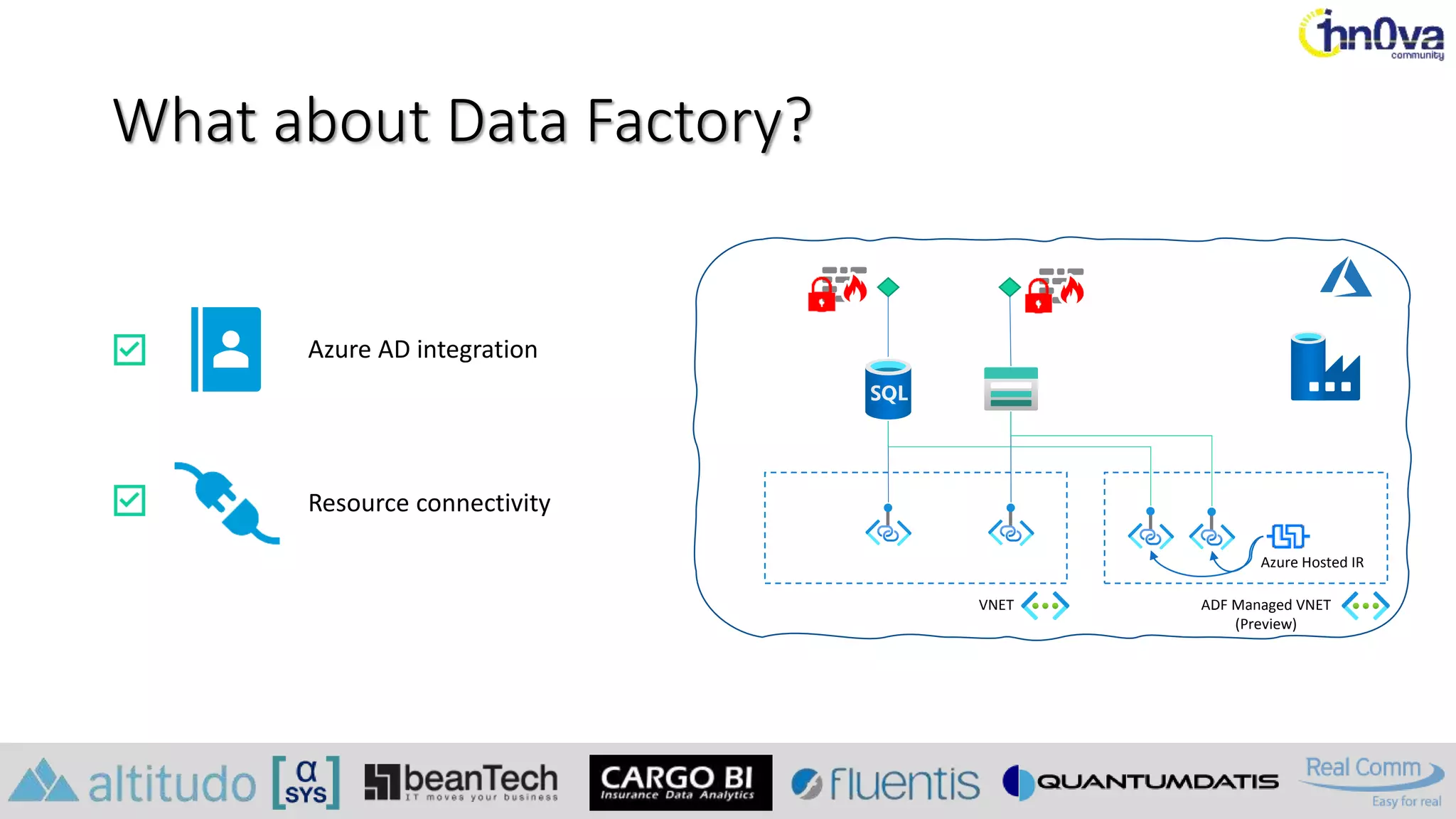 What about Data Factory?
Azure AD integration
Resource connectivity
VNET
Azure Hosted IR
ADF Managed VNET
(Preview)
 
