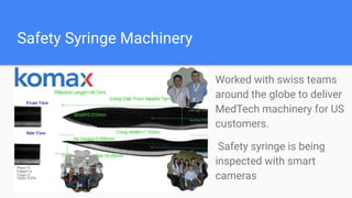 Safety Syringe Machinery
Worked with swiss teams
around the globe to deliver
MedTech machinery for US
customers.
Safety syringe is being
inspected with smart
cameras
 