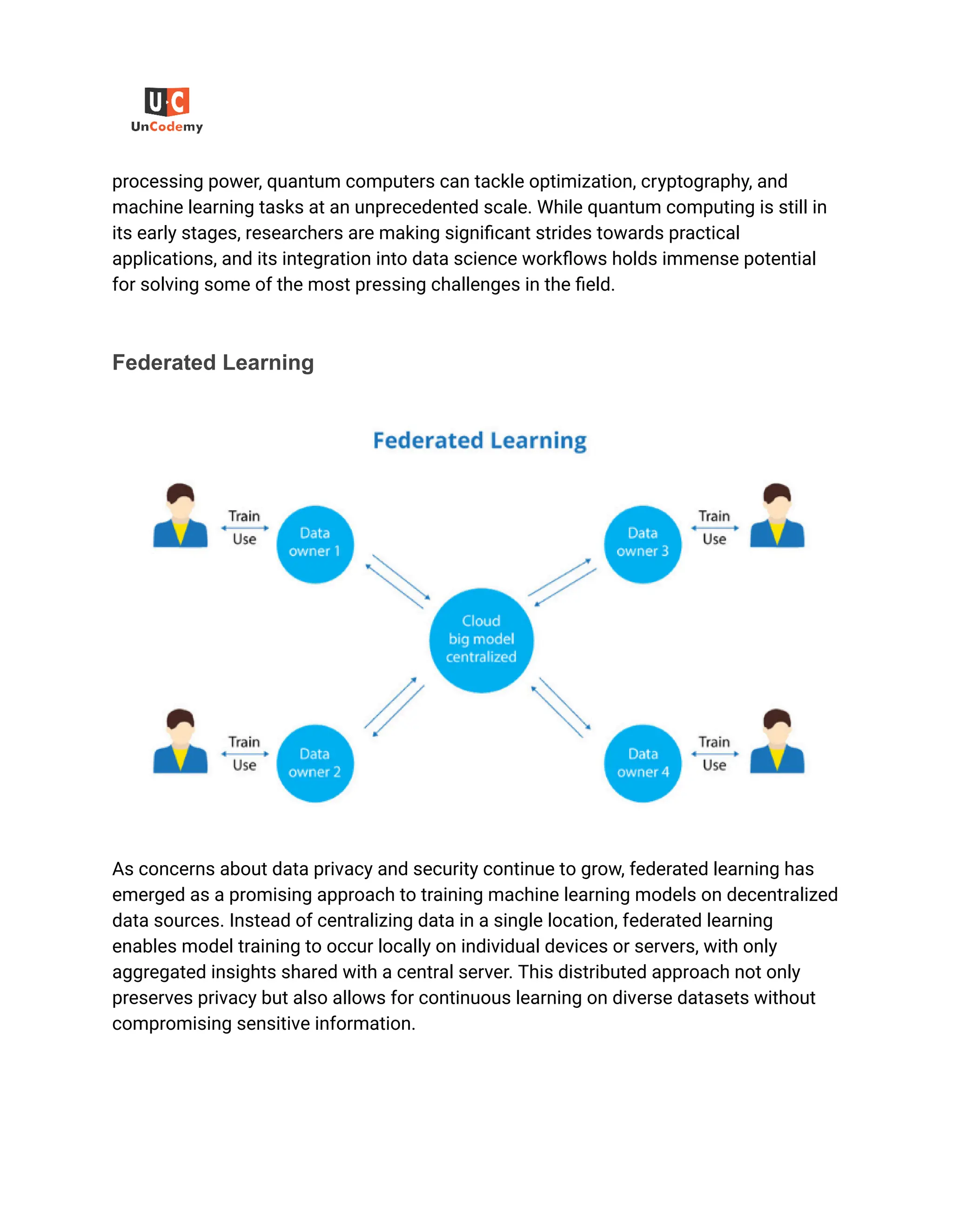 ‭
processing power, quantum computers can tackle optimization, cryptography, and‬
‭
machine learning tasks at an unprecedented scale. While quantum computing is still in‬
‭
its early stages, researchers are making significant strides towards practical‬
‭
applications, and its integration into data science workflows holds immense potential‬
‭
for solving some of the most pressing challenges in the field.‬
‭
Federated Learning‬
‭
As concerns about data privacy and security continue to grow, federated learning has‬
‭
emerged as a promising approach to training machine learning models on decentralized‬
‭
data sources. Instead of centralizing data in a single location, federated learning‬
‭
enables model training to occur locally on individual devices or servers, with only‬
‭
aggregated insights shared with a central server. This distributed approach not only‬
‭
preserves privacy but also allows for continuous learning on diverse datasets without‬
‭
compromising sensitive information.‬
 