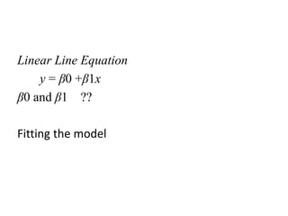 Linear Line Equation
y = β0 +β1x
β0 and β1 ??
Fitting the model
 