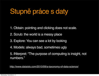 Stupně práce s daty

               1. Obtain: pointing and clicking does not scale.
               2. Scrub: the world is a messy place
                                            Text
               3. Explore: You can see a lot by looking
               4. Models: always bad, sometimes ugly
               5. iNterpret: “The purpose of computing is insight, not
               numbers.”

              http://www.dataists.com/2010/09/a-taxonomy-of-data-science/


Wednesday, November 2, 11
 