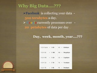 Why Big Data….???
Facebook is collecting your data -
500 terabytes a day.
 Google currently processes over -
20 petabytes of data per day .
Day, week, month, year….???
 