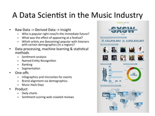 A	
  Data	
  Scien/st	
  in	
  the	
  Music	
  Industry	
  
•     Raw	
  Data	
  -­‐>	
  Derived	
  Data	
  -­‐>	
  Insight	
  
        –  Who	
  is	
  popular	
  right	
  now/in	
  the	
  immediate	
  future?	
  
        –  What	
  was	
  the	
  eﬀect	
  of	
  appearing	
  at	
  a	
  fes/val?	
  
        –  Which	
  ar/sts	
  are	
  (becoming)	
  popular	
  with	
  listeners	
  
           with	
  certain	
  demographics	
  (in	
  a	
  region)?	
  
•     Data	
  processing,	
  machine	
  learning	
  &	
  sta/s/cal	
  
      methods	
  
        –    Sen/ment	
  analysis	
  
        –    Named	
  En/ty	
  Recogni/on	
  
        –    Ranking	
  
        –    Segmenta/on	
  
•     One-­‐oﬀs	
  
        –  Infographics	
  and	
  microsites	
  for	
  events	
  
        –  Brand	
  alignment	
  via	
  demographics	
  
        –  Music	
  Hack	
  Days	
  
•     Product	
  
        –  Daily	
  charts	
  
        –  Sen/ment	
  scoring	
  web	
  crawled	
  reviews	
  
 