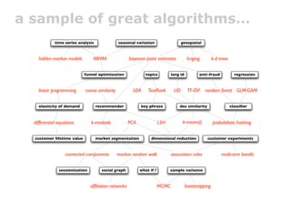 a sample of great algorithms…
             time series analysis               seasonal variation                    geospatial



    hidden markov models         ARIMA                bayesian point estimates            kriging        k-d trees


                            funnel optimization                topics          lang id          anti-fraud             regression



    linear programming      cosine similarity           LDA     TextRank        LID       TF-IDF    random forest GLM/GAM


    elasticity of demand            recommender             key phrase             doc similarity                    classiﬁer



  differential equations        k-medoids             PCA               LSH           k-means||          probabilistic hashing


  customer lifetime value           market segmentation           dimensional reduction             customer experiments



                   connected components         markov random walk             association rules              multi-arm bandit


               sessionization         social graph          what if ?         sample variance



                                afﬁliation networks                     MCMC             bootstrapping
 