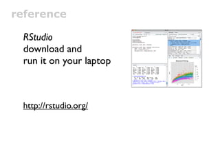 reference

 RStudio
 download and
 run it on your laptop



 http://rstudio.org/
 