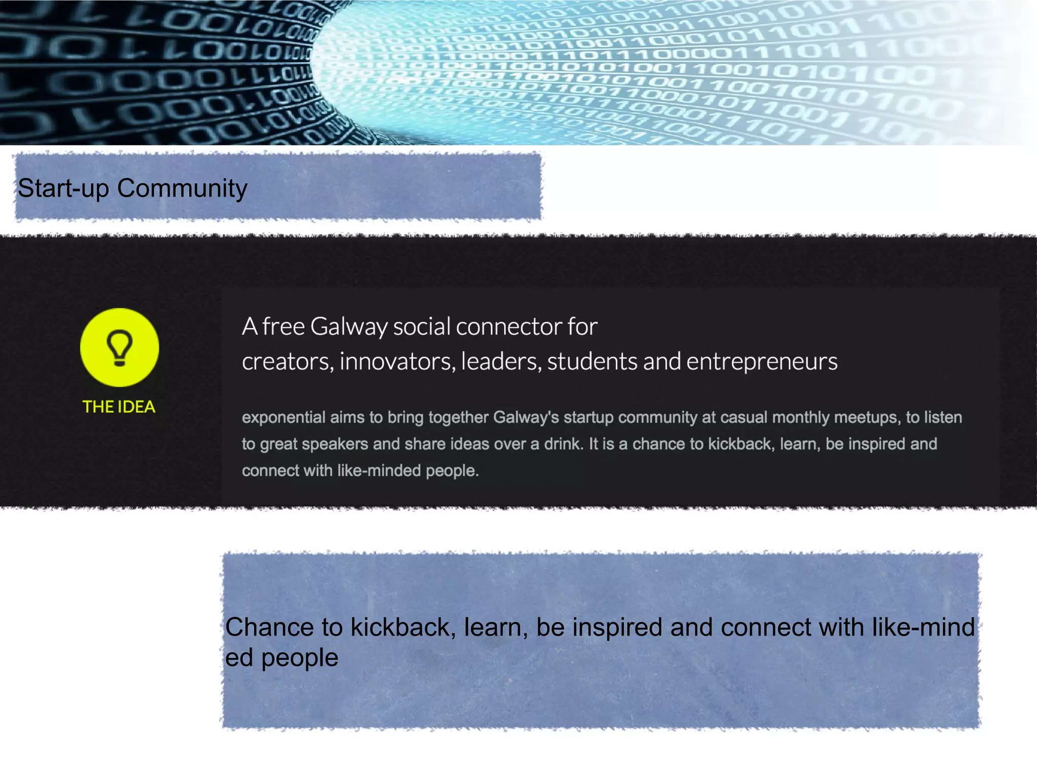 Start-up Community
Chance to kickback, learn, be inspired and connect with like-mind
ed people
 