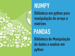 NUMPY
Biblioteca em python para
manipulação de arrays e
matrizes
PANDAS
Biblioteca de Manipulação
de dados e analise em
python
 