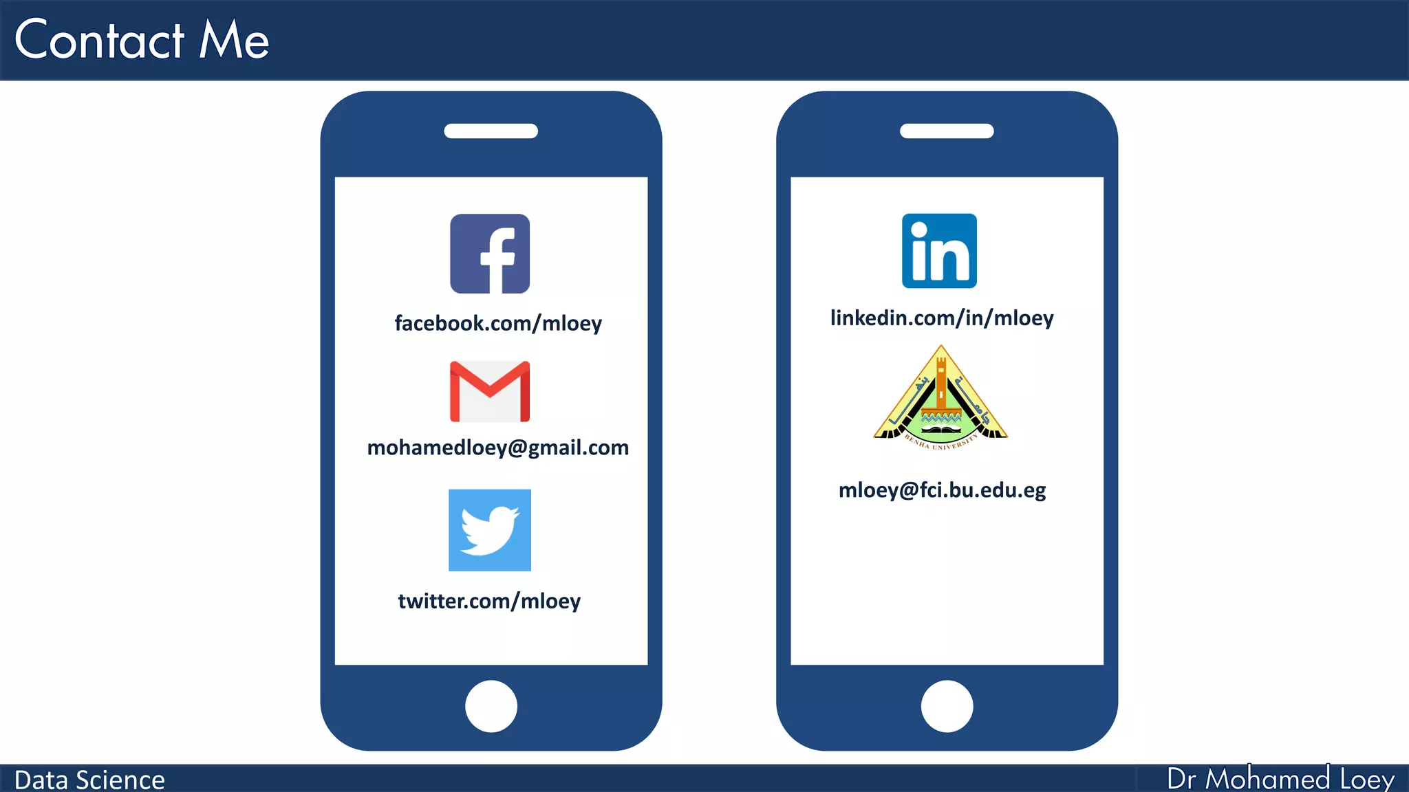 Data Science
facebook.com/mloey
mohamedloey@gmail.com
twitter.com/mloey
linkedin.com/in/mloey
mloey@fci.bu.edu.eg
 