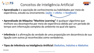Conceitos de Inteligência Artificial
• Aprendizado é a aquisição de conhecimento ou habilidades por meio de
experiência, estudo ou ensinamento. (ação -> efeito -> feedback)
• Aprendizado de Máquina “Machine Learning” é qualquer algoritmo que
melhore seu desempenho por meio de experiência obtida por um período de
tempo sem informação completa do ambiente no qual ele opera.
• Inferência é a afirmação da verdade de uma proposição em decorrência de sua
ligação com outras já reconhecidas como verdadeiras.
• Tipos de Inferência na Inteligência Artificial: Dedutiva, Indutiva e Abdutiva
http://www.alvarofpinheiro.eti.br
Conceitos
 