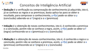 Conceitos de Inteligência Artificial
• Dedução é a verificação ou comprovação de conhecimento já adquirido, isto é,
já se conhece as regras e as premissas, basta aplica-las para se obter o
resultado, para comprovar o conhecimento, y=f(x) pode-se obter o y
(conclusão) sabendo-se o f (regra) e o x (premissa)
• Indução é a obtenção de novos conhecimentos, isto é, é conhecido a premissa
e a conclusão, porém não se conhece a regra, assim, y=f(x) pode-se obter o f
(regra) conhecendo-se o x (premissa) e o y (conclusão)
• Abdução é a obtenção de novos conhecimentos, isto é, é conhecida a regra e a
conclusão, porém não se conhece a premissa, assim, y=f(x) pode-se obter o x
(premissa) conhecendo-se o f (regra) e o y (conclusão)
http://www.alvarofpinheiro.eti.br
Conceitos
 