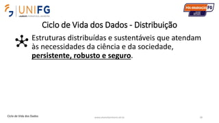 Ciclo de Vida dos Dados - Distribuição
Estruturas distribuídas e sustentáveis que atendam
às necessidades da ciência e da sociedade,
persistente, robusto e seguro.
www.alvarofpinheiro.eti.br 18Ciclo de Vida dos Dados
 