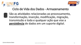 Ciclo de Vida dos Dados - Armazenamento
São as atividades relacionadas ao processamento,
transformação, inserção, modificação, migração,
transmissão e toda e qualquer ação que vise a
persistência de dados em um suporte digital.
www.alvarofpinheiro.eti.br 19Ciclo de Vida dos Dados
 