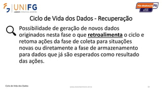 Ciclo de Vida dos Dados - Recuperação
Possibilidade de geração de novos dados
originados nesta fase o que retroalimenta o ciclo e
retoma ações da fase de coleta para situações
novas ou diretamente a fase de armazenamento
para dados que já são esperados como resultado
das ações.
www.alvarofpinheiro.eti.br 20Ciclo de Vida dos Dados
 