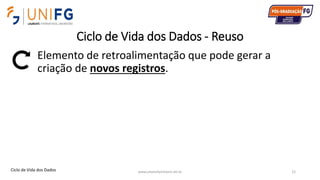Ciclo de Vida dos Dados - Reuso
Elemento de retroalimentação que pode gerar a
criação de novos registros.
www.alvarofpinheiro.eti.br 22Ciclo de Vida dos Dados
 