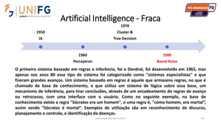 Artificial Intelligence - Fraca
www.alvarofpinheiro.eti.br 94
1950
IA
1960
Perceptron
1970
Cluster &
Tree Decision
1980
Based Rules
O primeiro sistema baseado em regras e inferência, foi o Dendral, foi desenvolvido em 1965, mas
apenas nos anos 80 esse tipo de sistema foi categorizado como "sistemas especialistas" e que
fizeram grandes avanços. Um sistema baseado em regras é aquele que armazena regras, no que é
chamado de base de conhecimento, e que utiliza um sistema de lógica sobre essa base, um
mecanismo de inferência, para tirar conclusões, através de um encadeamento de regras de avanço
ou retrocesso, com uma interface com o usuário. Como no seguinte exemplo, na base de
conhecimento existe a regra "Sócrates era um homem", e uma regra é, "como homem, era mortal“,
assim sendo “Sócrates é mortal”. Exemplos de utilização são em reconhecimento de discurso,
planejamento e controle, e identificação de doenças.
 