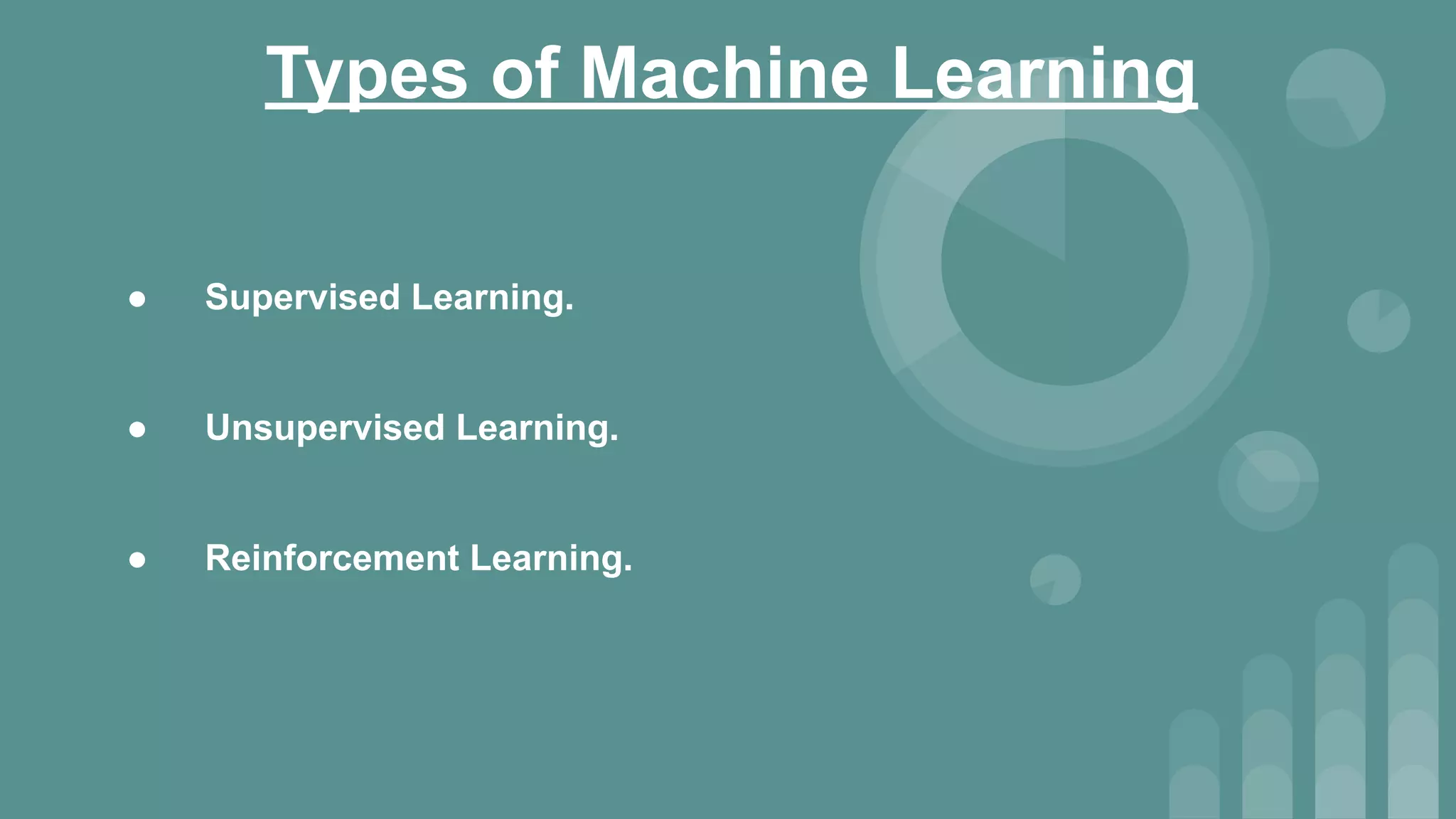 Types of Machine Learning
● Supervised Learning.
● Unsupervised Learning.
● Reinforcement Learning.
 