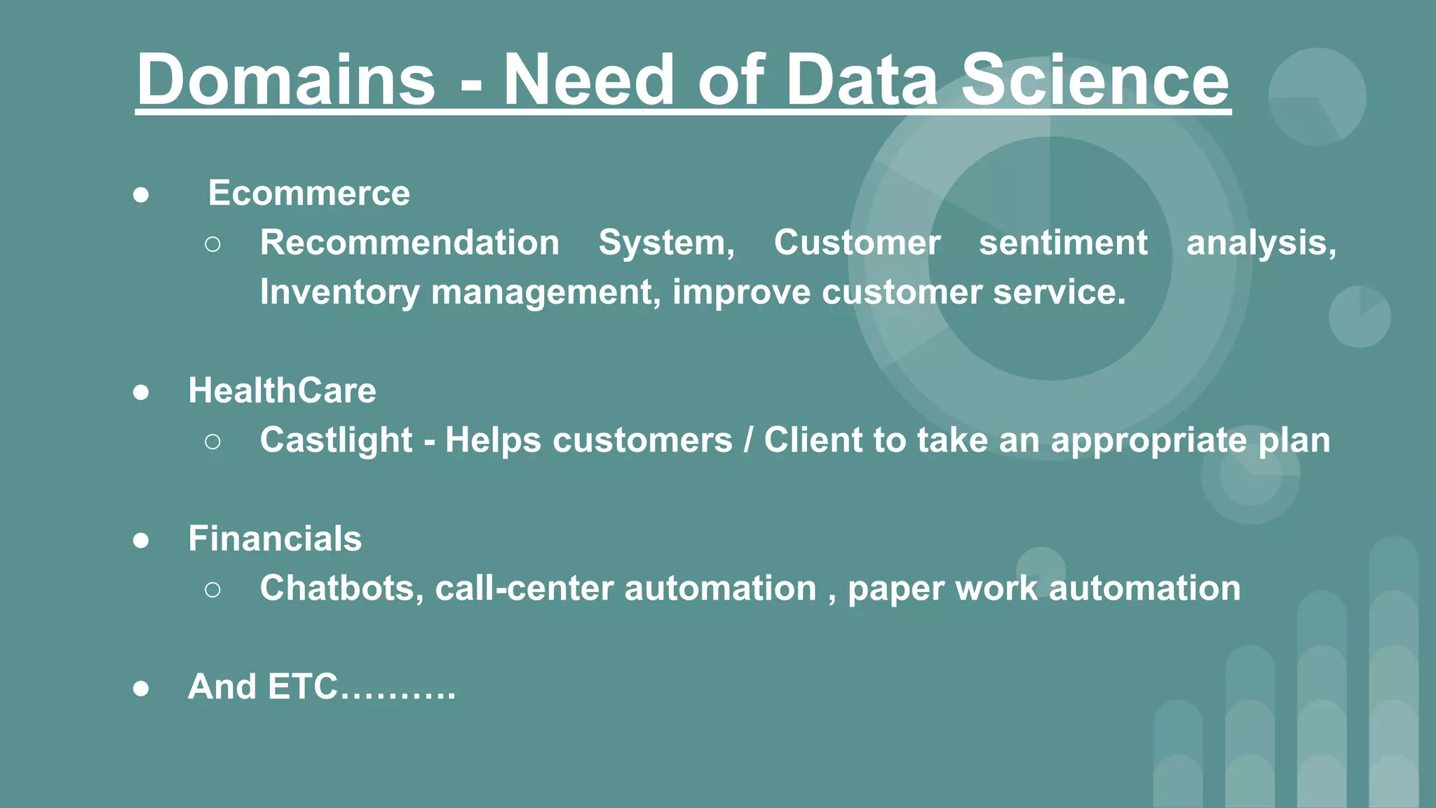 Domains - Need of Data Science
● Ecommerce
○ Recommendation System, Customer sentiment analysis,
Inventory management, improve customer service.
● HealthCare
○ Castlight - Helps customers / Client to take an appropriate plan
● Financials
○ Chatbots, call-center automation , paper work automation
● And ETC……….
 