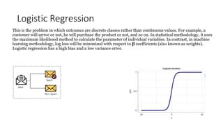 Logistic Regression
This is the problem in which outcomes are discrete classes rather than continuous values. For example, a
customer will arrive or not, he will purchase the product or not, and so on. In statistical methodology, it uses
the maximum likelihood method to calculate the parameter of individual variables. In contrast, in machine
learning methodology, log loss will be minimized with respect to β coefficients (also known as weights).
Logistic regression has a high bias and a low variance error.
 