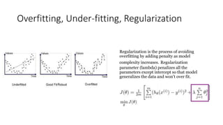 Overfitting, Under-fitting, Regularization
Regularization is the process of avoiding
overfitting by adding penalty as model
complexity increases. Regularization
parameter (lambda) penalizes all the
parameters except intercept so that model
generalizes the data and won’t over fit.
 