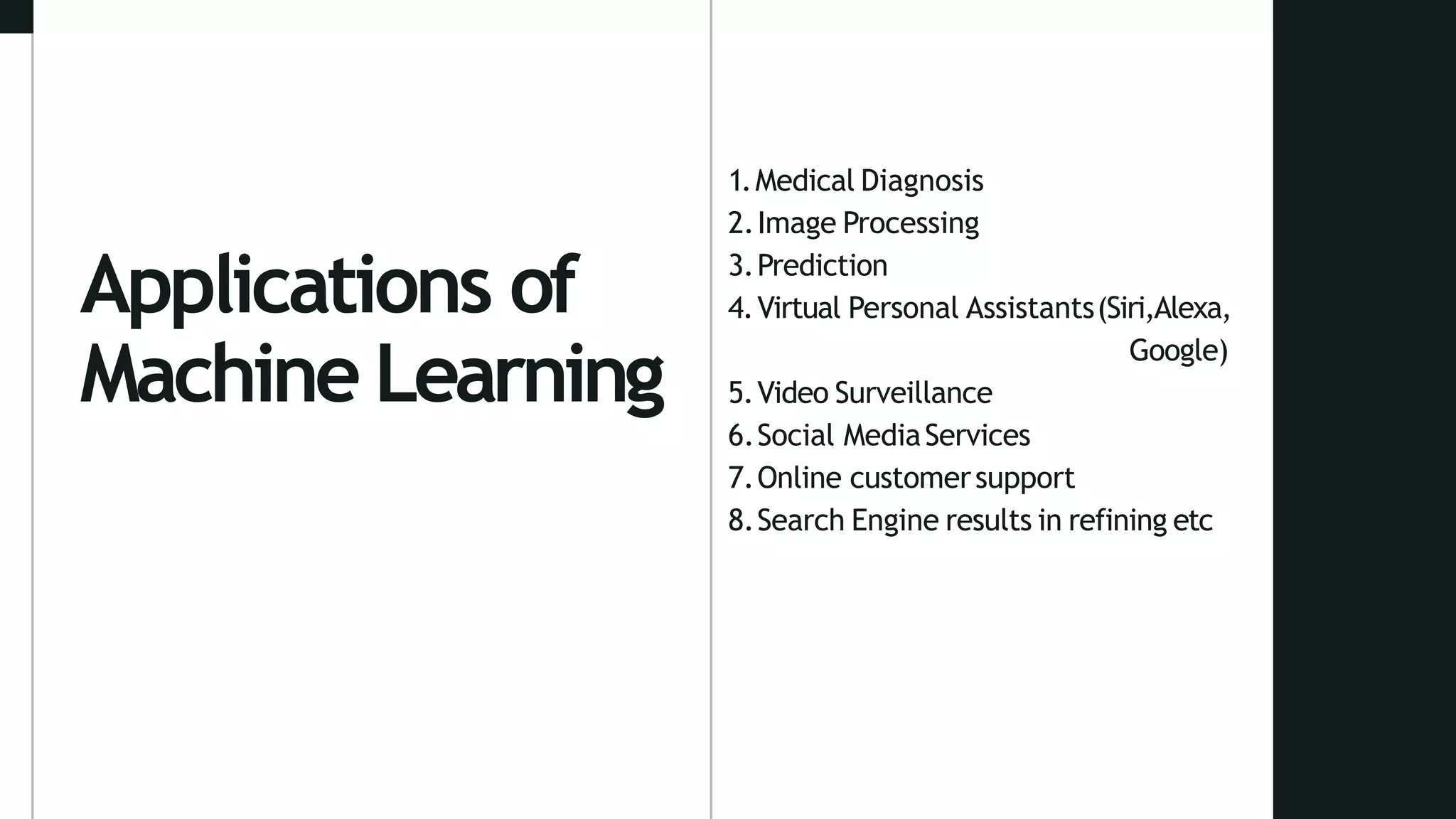 Applications of
Machine Learning
1.Medical Diagnosis
2.Image Processing
3.Prediction
4.Virtual Personal Assistants(Siri,Alexa,
Google)
5.Video Surveillance
6.Social MediaServices
7.Online customersupport
8.Search Engine results in refining etc
 