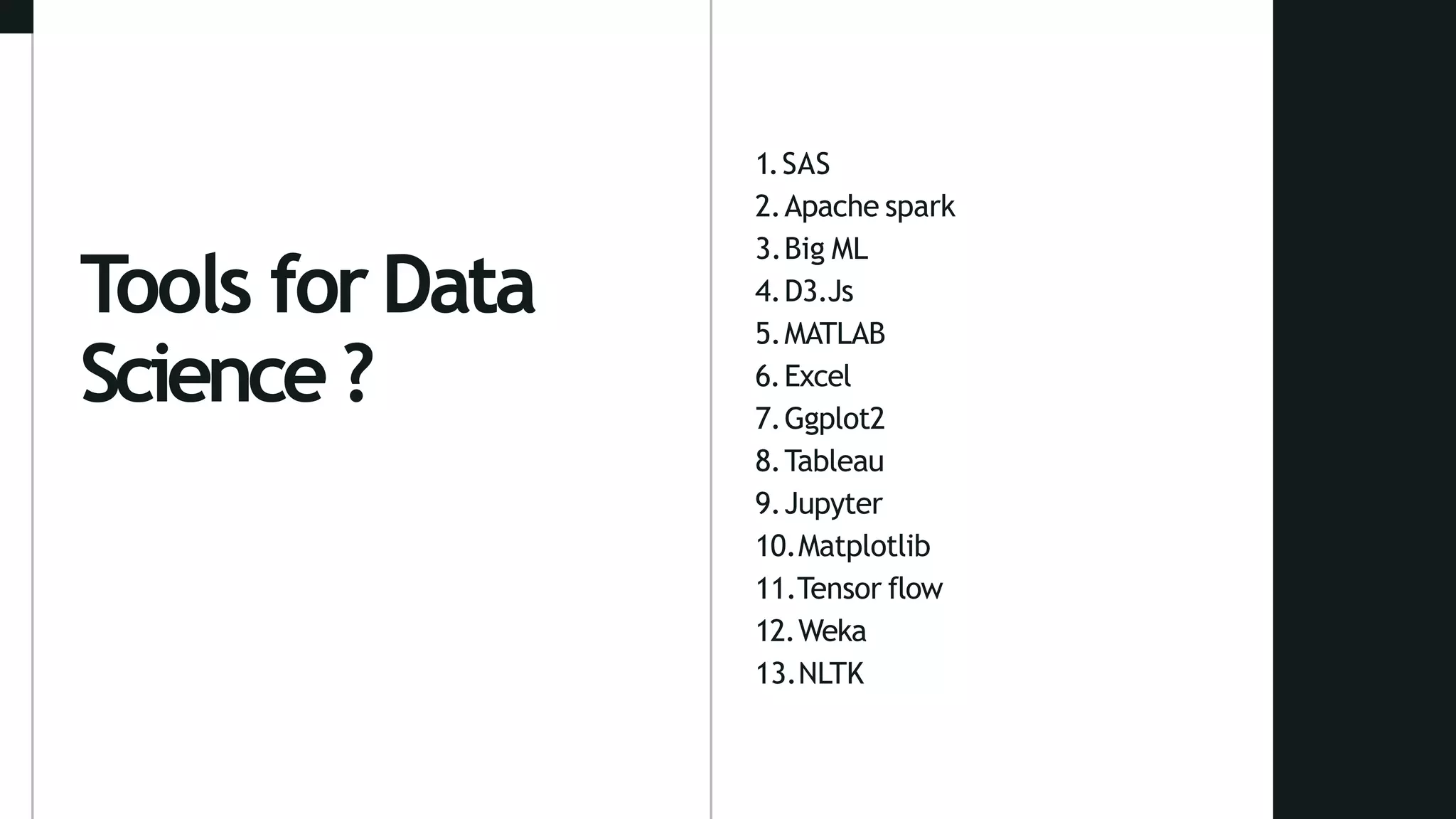 Tools forData
Science?
1.SAS
2.Apache spark
3.Big ML
4.D3.Js
5.MATLAB
6.Excel
7.Ggplot2
8.Tableau
9.Jupyter
10.Matplotlib
11.Tensor flow
12.Weka
13.NLTK
 