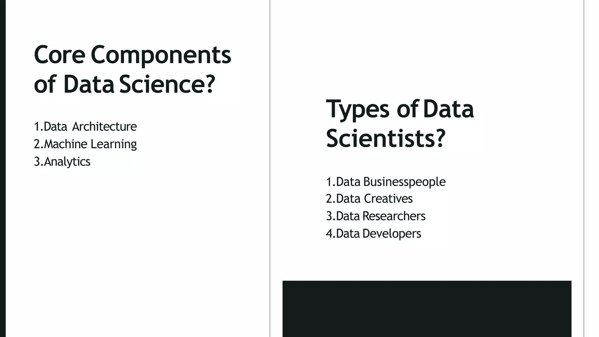 Core Components
of Data Science?
1.Data Architecture
2.Machine Learning
3.Analytics
Types ofData
Scientists?
1.Data Businesspeople
2.Data Creatives
3.Data Researchers
4.Data Developers
 