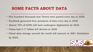 SOME FACTS ABOUT DATA
• Five hundred thousand new Tweets were posted every day in 2020.
• Facebook generated four petabytes of data every day in 2020
• Almost 70% of GDPs will have undergone digitization by 2022.
• China had 3.17 billion IoT devices in 2020
• Cloud data storage around the world will amount to 200+ Zettabytes
by 2025.
 