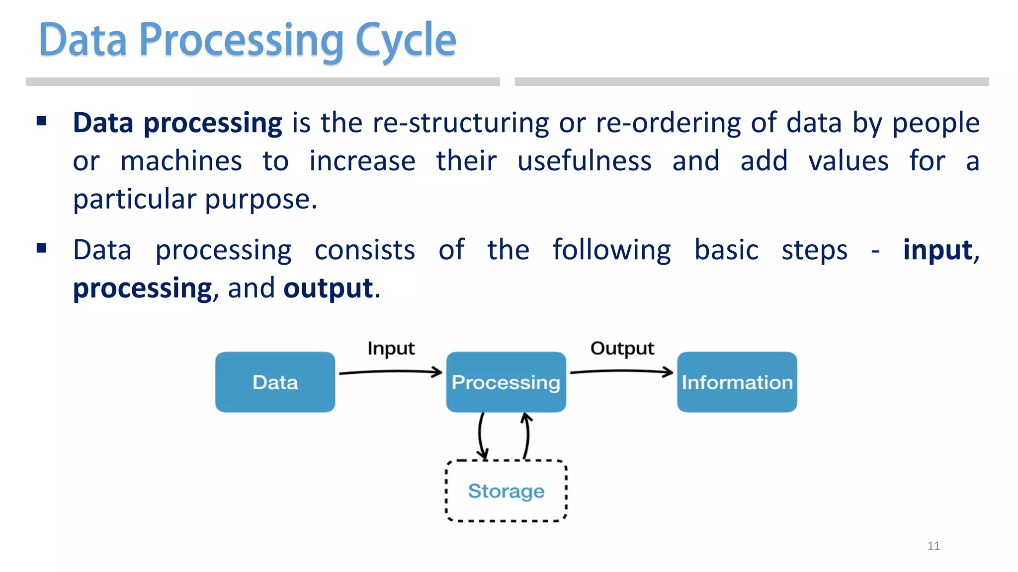 11
 Data processing is the re-structuring or re-ordering of data by people
or machines to increase their usefulness and add values for a
particular purpose.
 Data processing consists of the following basic steps - input,
processing, and output.
 