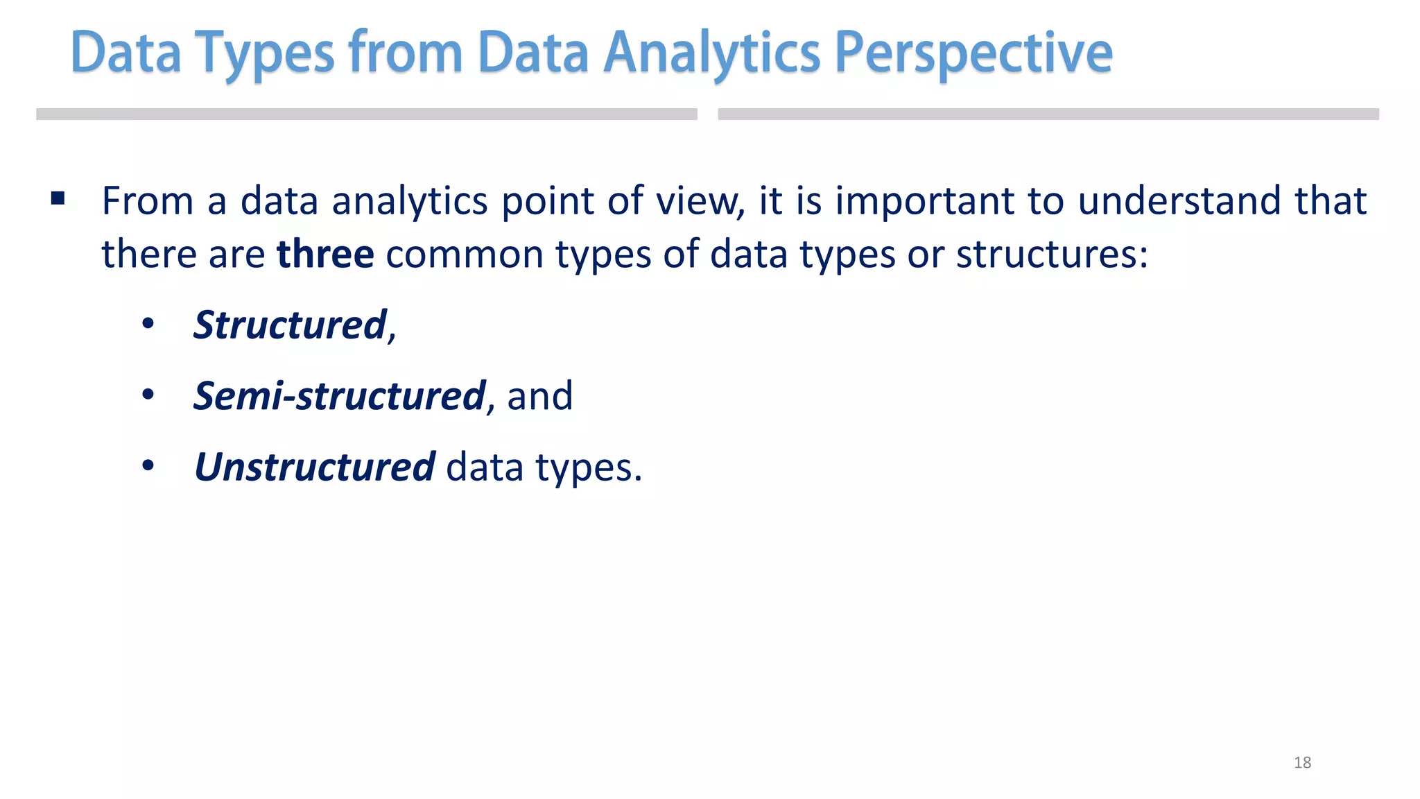 18
 From a data analytics point of view, it is important to understand that
there are three common types of data types or structures:
• Structured,
• Semi-structured, and
• Unstructured data types.
 