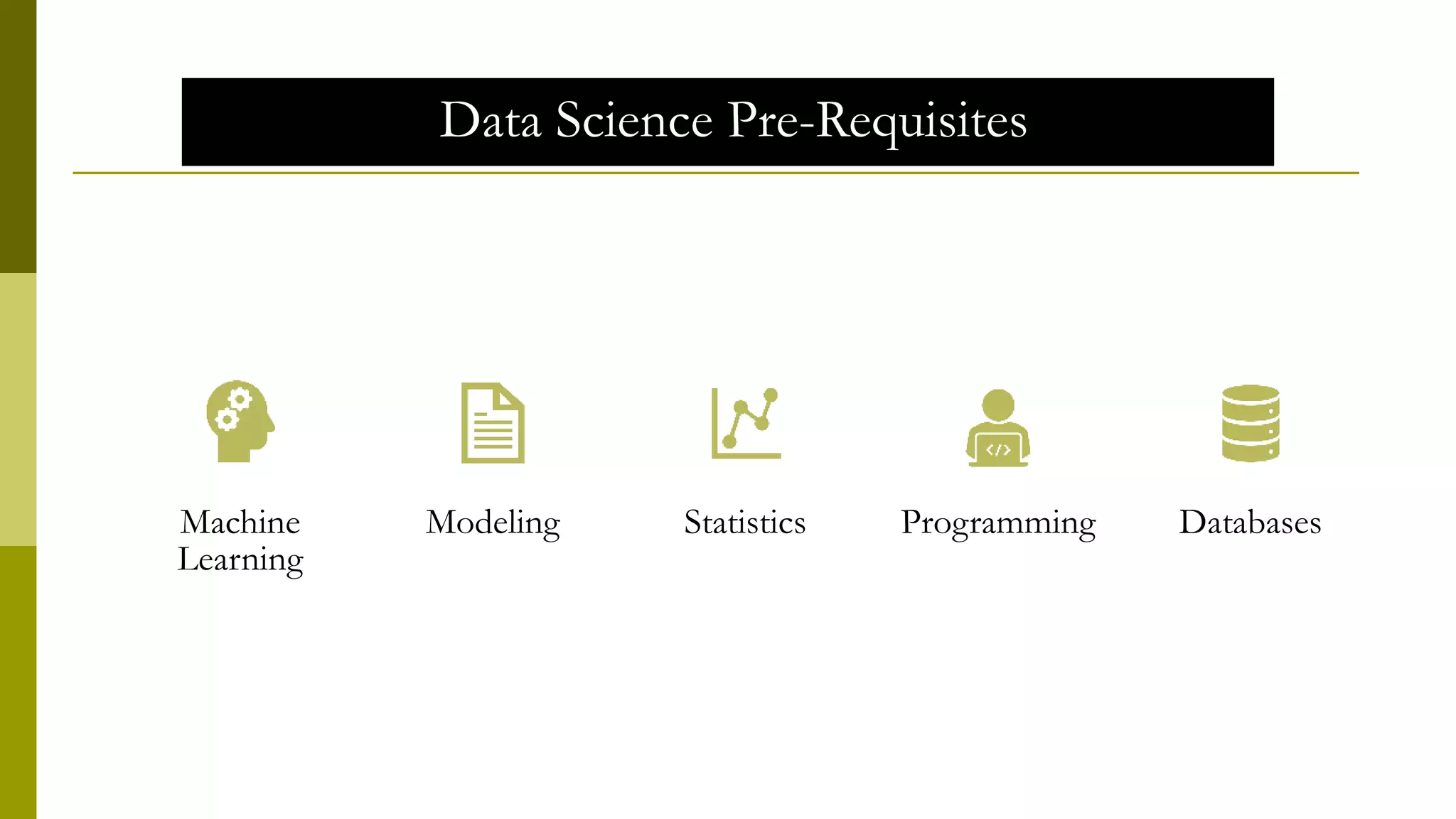 Data Science Pre-Requisites
Machine
Learning
Modeling Statistics Programming Databases
 