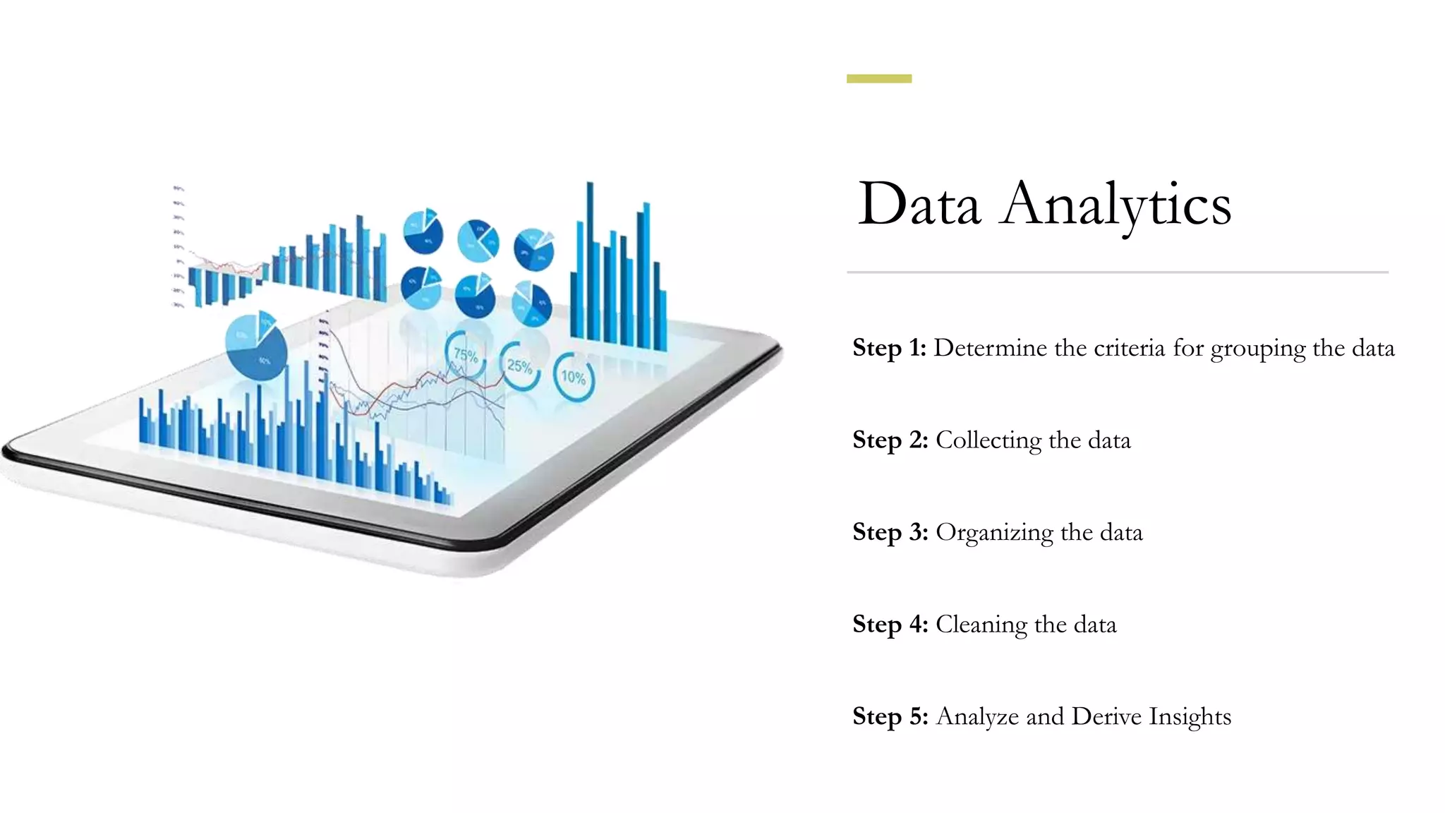 Data Analytics
Step 1: Determine the criteria for grouping the data
Step 2: Collecting the data
Step 3: Organizing the data
Step 4: Cleaning the data
Step 5: Analyze and Derive Insights
 