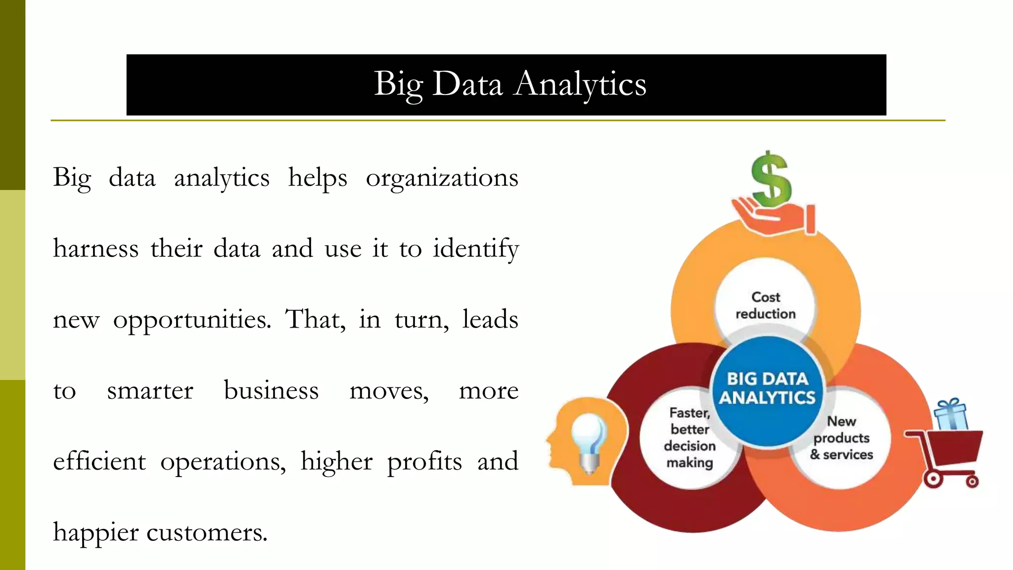 Big Data Analytics
Big data analytics helps organizations
harness their data and use it to identify
new opportunities. That, in turn, leads
to smarter business moves, more
efficient operations, higher profits and
happier customers.
 