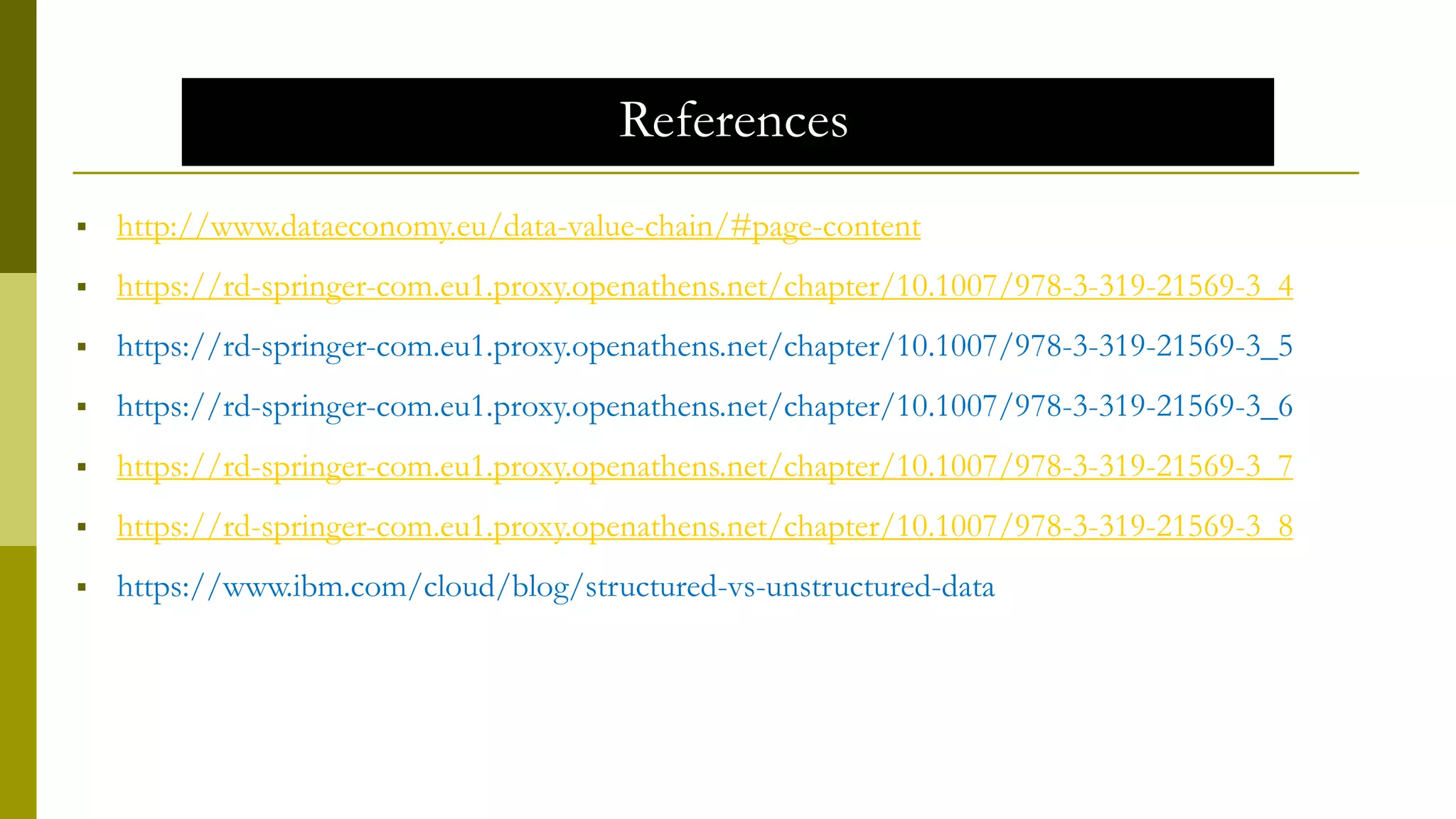 References
 http://www.dataeconomy.eu/data-value-chain/#page-content
 https://rd-springer-com.eu1.proxy.openathens.net/chapter/10.1007/978-3-319-21569-3_4
 https://rd-springer-com.eu1.proxy.openathens.net/chapter/10.1007/978-3-319-21569-3_5
 https://rd-springer-com.eu1.proxy.openathens.net/chapter/10.1007/978-3-319-21569-3_6
 https://rd-springer-com.eu1.proxy.openathens.net/chapter/10.1007/978-3-319-21569-3_7
 https://rd-springer-com.eu1.proxy.openathens.net/chapter/10.1007/978-3-319-21569-3_8
 https://www.ibm.com/cloud/blog/structured-vs-unstructured-data
 