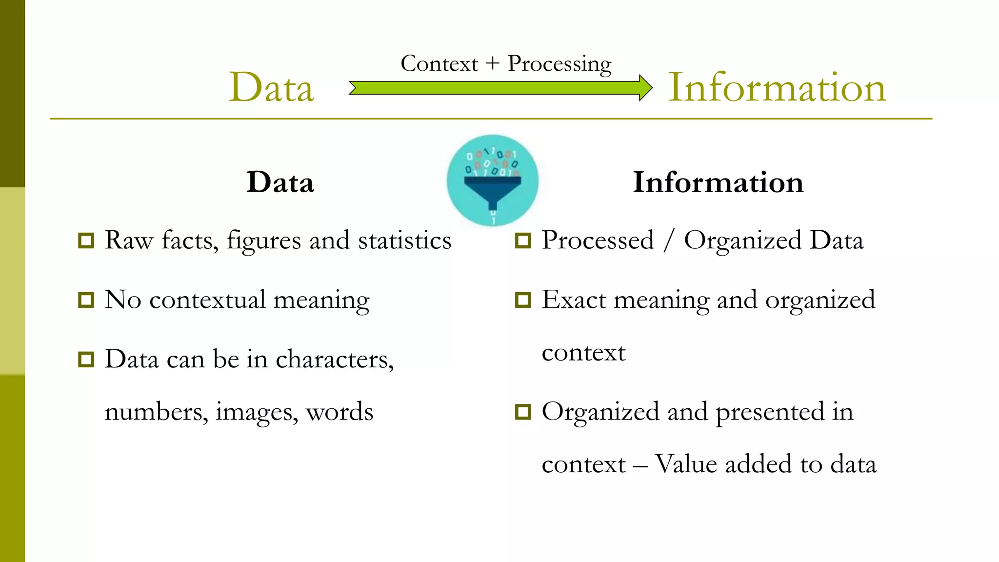 Data Information
Data
 Raw facts, figures and statistics
 No contextual meaning
 Data can be in characters,
numbers, images, words
Information
 Processed / Organized Data
 Exact meaning and organized
context
 Organized and presented in
context – Value added to data
Context + Processing
 