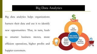 Big Data Analytics
Big data analytics helps organizations
harness their data and use it to identify
new opportunities. That, in turn, leads
to smarter business moves, more
efficient operations, higher profits and
happier customers.
 