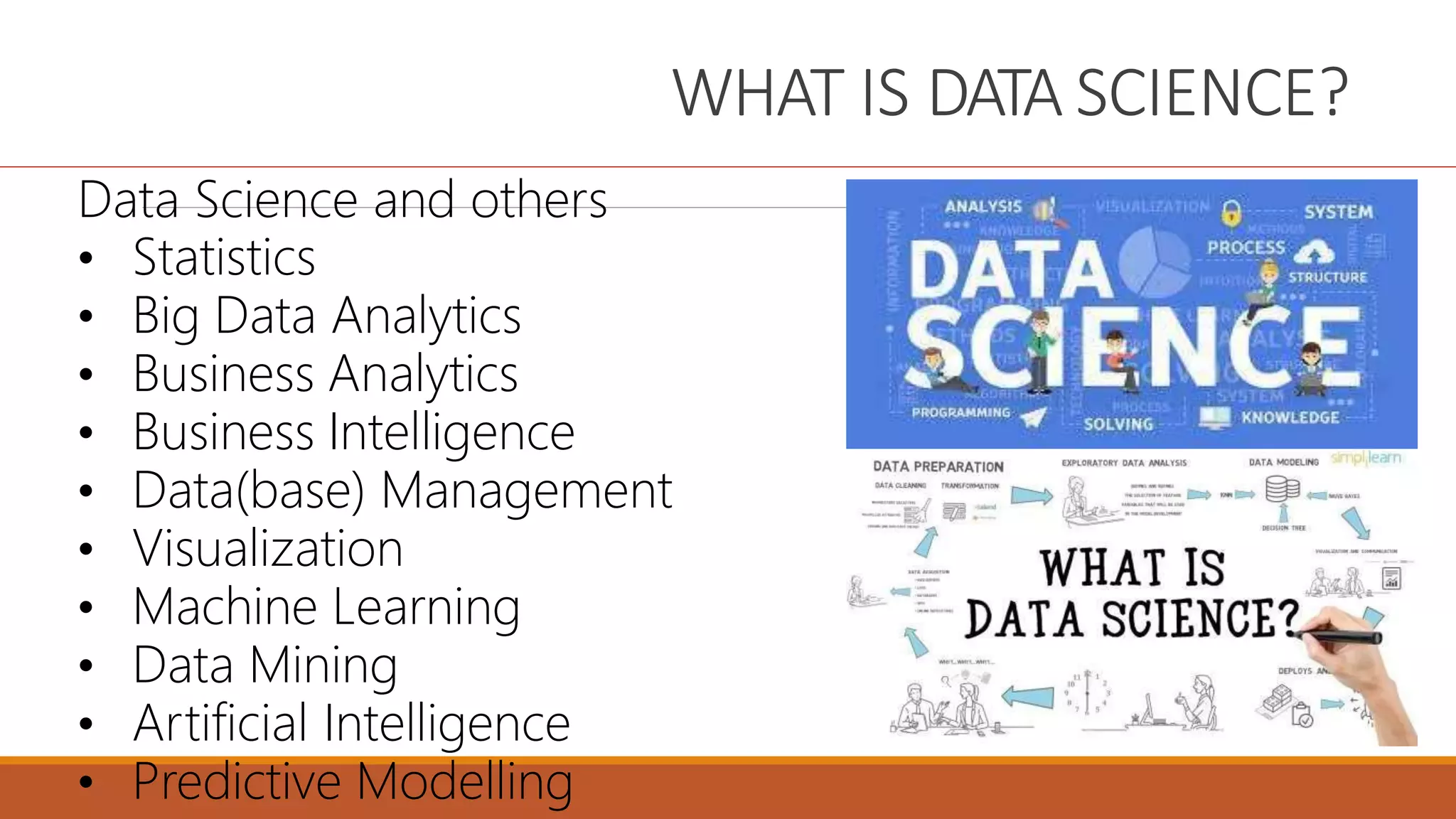 WHAT IS DATA SCIENCE?
Data Science and others
• Statistics
• Big Data Analytics
• Business Analytics
• Business Intelligence
• Data(base) Management
• Visualization
• Machine Learning
• Data Mining
• Artificial Intelligence
• Predictive Modelling
 