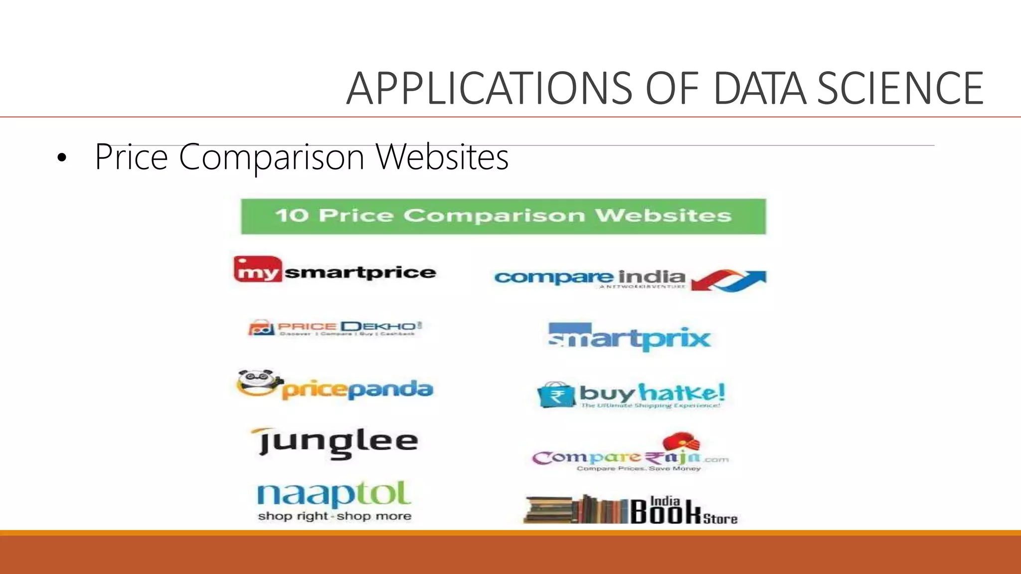 APPLICATIONS OF DATA SCIENCE
• Price Comparison Websites
 