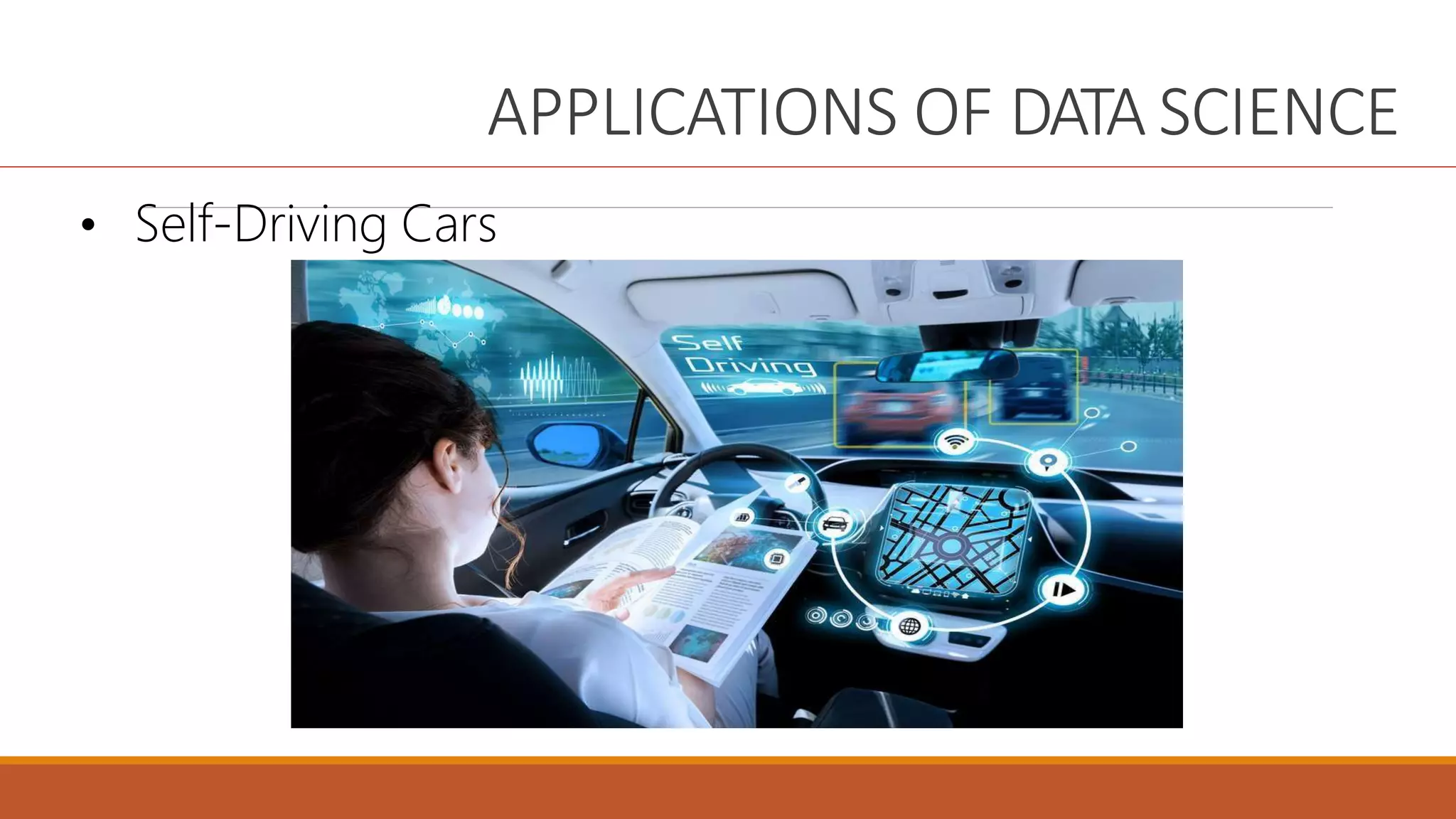 APPLICATIONS OF DATA SCIENCE
• Self-Driving Cars
 