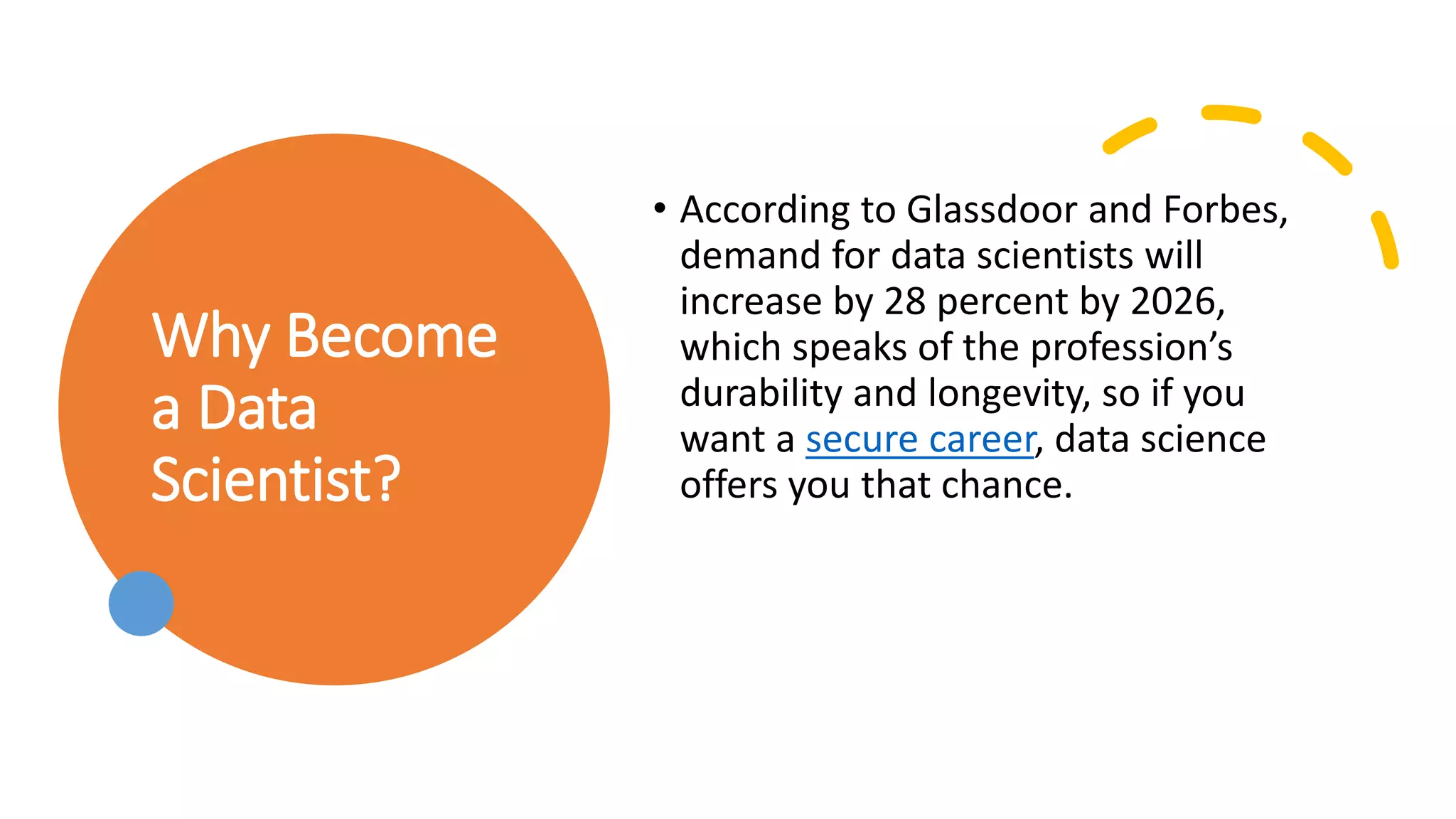 Why Become
a Data
Scientist?
• According to Glassdoor and Forbes,
demand for data scientists will
increase by 28 percent by 2026,
which speaks of the profession’s
durability and longevity, so if you
want a secure career, data science
offers you that chance.
 