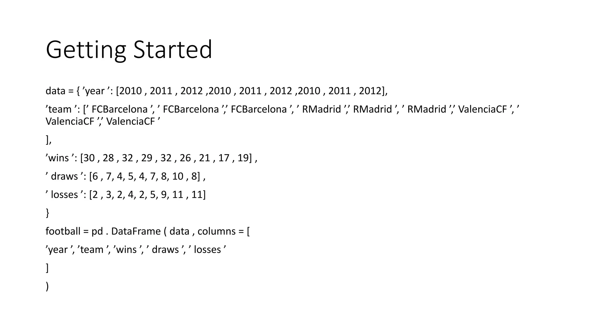 Getting Started
data = { ’year ’: [2010 , 2011 , 2012 ,2010 , 2011 , 2012 ,2010 , 2011 , 2012],
’team ’: [’ FCBarcelona ’, ’ FCBarcelona ’,’ FCBarcelona ’, ’ RMadrid ’,’ RMadrid ’, ’ RMadrid ’,’ ValenciaCF ’, ’
ValenciaCF ’,’ ValenciaCF ’
],
’wins ’: [30 , 28 , 32 , 29 , 32 , 26 , 21 , 17 , 19] ,
’ draws ’: [6 , 7, 4, 5, 4, 7, 8, 10 , 8] ,
’ losses ’: [2 , 3, 2, 4, 2, 5, 9, 11 , 11]
}
football = pd . DataFrame ( data , columns = [
’year ’, ’team ’, ’wins ’, ’ draws ’, ’ losses ’
]
)
 