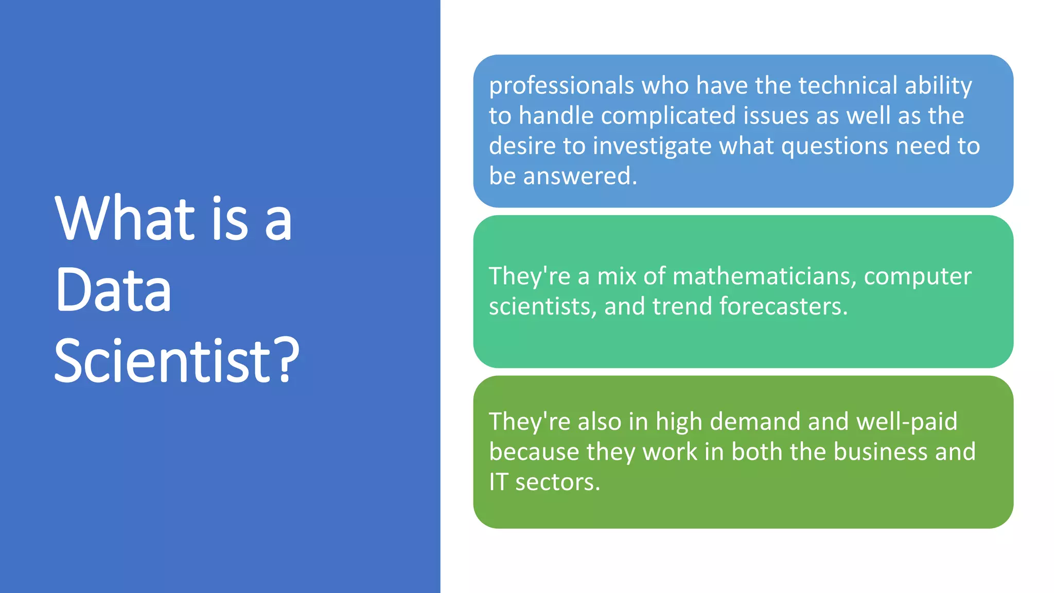 What is a
Data
Scientist?
professionals who have the technical ability
to handle complicated issues as well as the
desire to investigate what questions need to
be answered.
They're a mix of mathematicians, computer
scientists, and trend forecasters.
They're also in high demand and well-paid
because they work in both the business and
IT sectors.
 