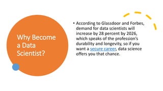 Why Become
a Data
Scientist?
• According to Glassdoor and Forbes,
demand for data scientists will
increase by 28 percent by 2026,
which speaks of the profession’s
durability and longevity, so if you
want a secure career, data science
offers you that chance.
 