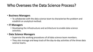 Who Oversees the Data Science Process?
• Business Managers
• To collaborate with the data science team to characterize the problem and
establish an analytical method.
• IT Managers
• Developing the infrastructure and architecture to enable data science
activities.
• Data Science Managers
• Supervise the working procedures of all data science team members.
• They also manage and keep track of the day-to-day activities of the three data
science teams.
 