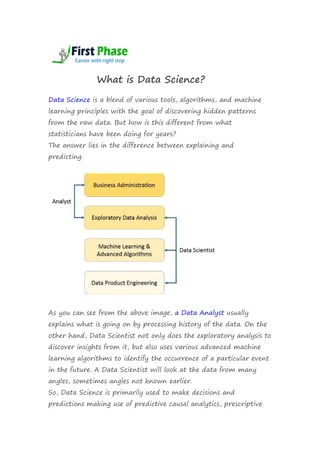 What is Data Science?
Data Science is a blend of various tools, algorithms, and machine
learning principles with the goal of discovering hidden patterns
from the raw data. But how is this different from what
statisticians have been doing for years?
The answer lies in the difference between explaining and
predicting.
As you can see from the above image, a Data Analyst usually
explains what is going on by processing history of the data. On the
other hand, Data Scientist not only does the exploratory analysis to
discover insights from it, but also uses various advanced machine
learning algorithms to identify the occurrence of a particular event
in the future. A Data Scientist will look at the data from many
angles, sometimes angles not known earlier.
So, Data Science is primarily used to make decisions and
predictions making use of predictive causal analytics, prescriptive
 