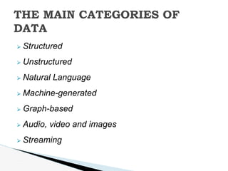 ⮚ Structured
⮚ Unstructured
⮚ Natural Language
⮚ Machine-generated
⮚ Graph-based
⮚ Audio, video and images
⮚ Streaming
THE MAIN CATEGORIES OF
DATA
 