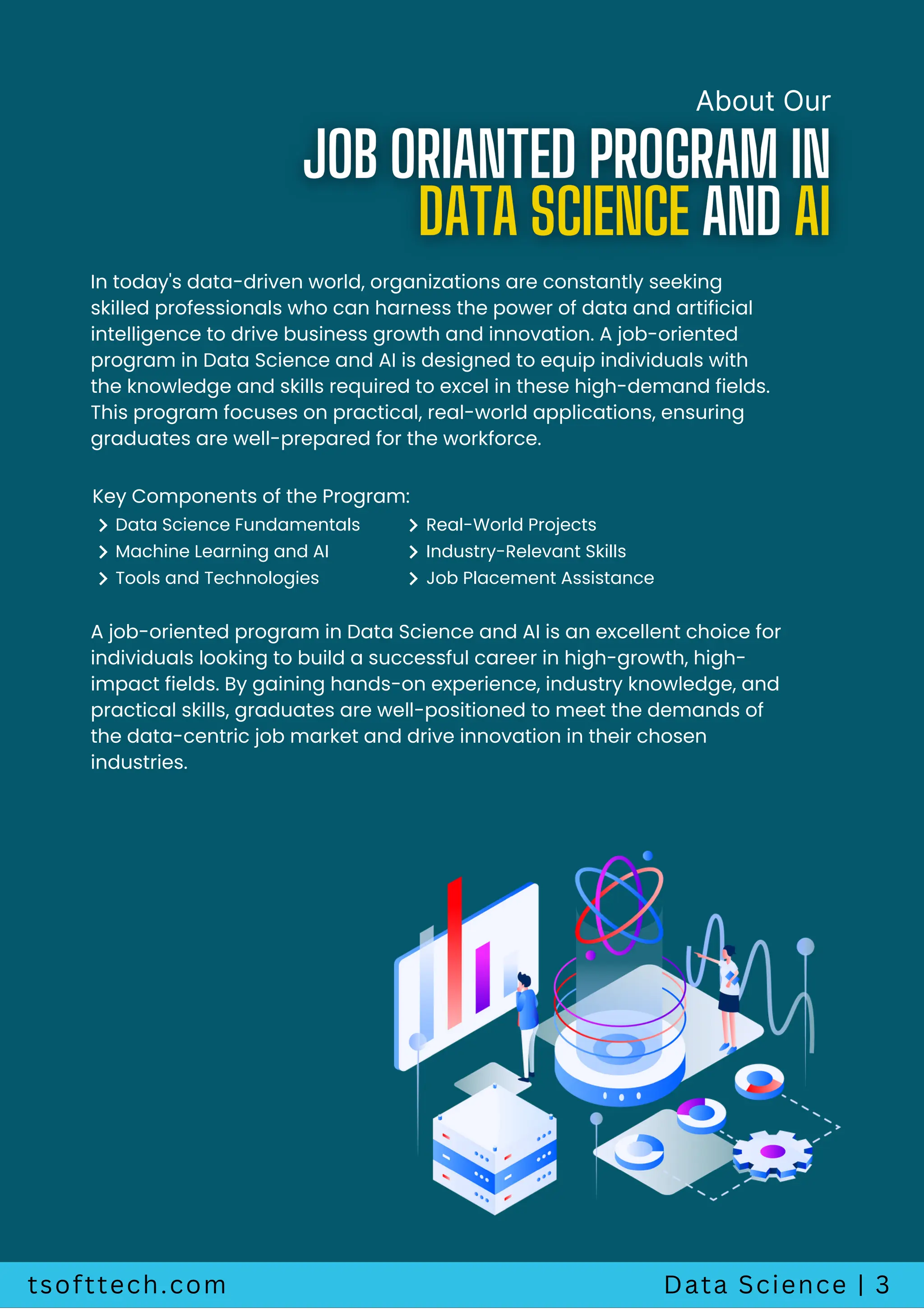 About Our
In today's data-driven world, organizations are constantly seeking
skilled professionals who can harness the power of data and artificial
intelligence to drive business growth and innovation. A job-oriented
program in Data Science and AI is designed to equip individuals with
the knowledge and skills required to excel in these high-demand fields.
This program focuses on practical, real-world applications, ensuring
graduates are well-prepared for the workforce.
Key Components of the Program:
Data Science Fundamentals
Machine Learning and AI
Tools and Technologies
Real-World Projects
Industry-Relevant Skills
Job Placement Assistance
A job-oriented program in Data Science and AI is an excellent choice for
individuals looking to build a successful career in high-growth, high-
impact fields. By gaining hands-on experience, industry knowledge, and
practical skills, graduates are well-positioned to meet the demands of
the data-centric job market and drive innovation in their chosen
industries.
tsofttech.com Data Science | 3
 